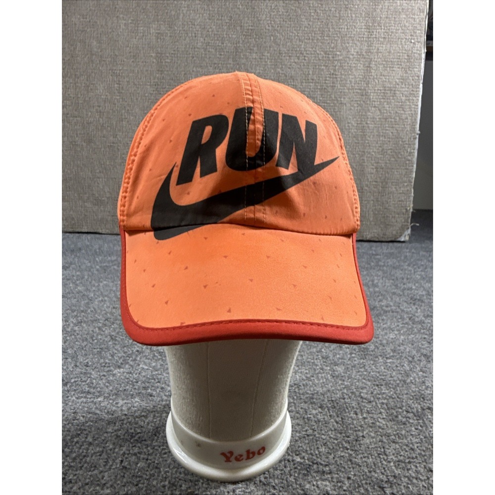 NIKE DRI FIT RUN FEATHERLIGHT RUNNING‎ HAT ORANGE BLACK SPELL OUT LOGO